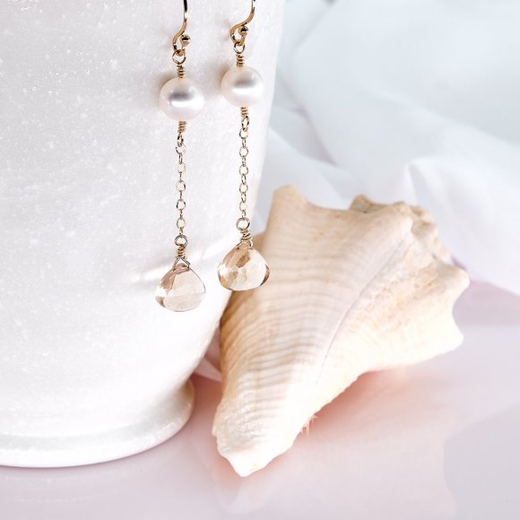 Pearl & Citrine Dangle Earrings, 14K Gold Filled Gemstone Earrings - Picture 4 of 10